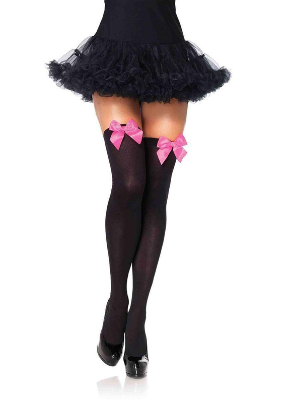 costume-accessories-hosiery-leg-avenue-kay-opaque-thigh-highs-nylon-black-with-neon-pink-bow-6255
